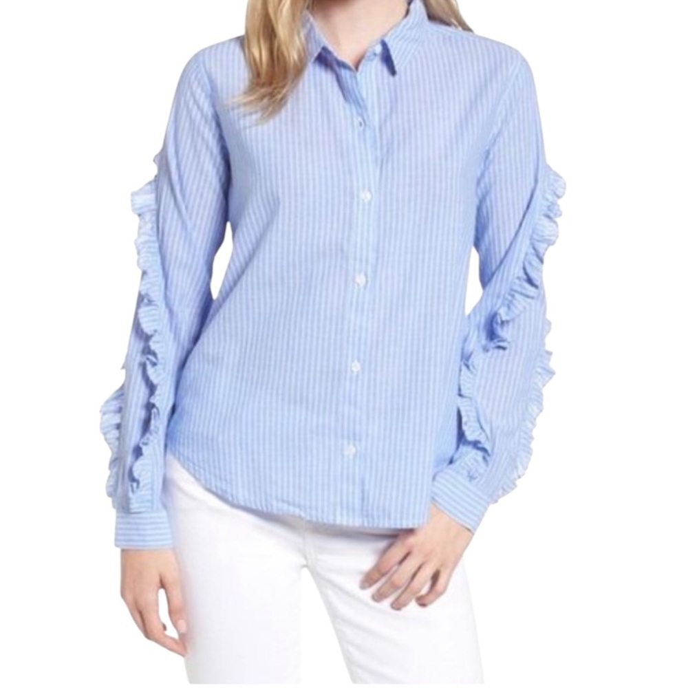 Rails Lizzi Bellflower Blue Stripe Ruffle Sleeve Button Down Shirt M